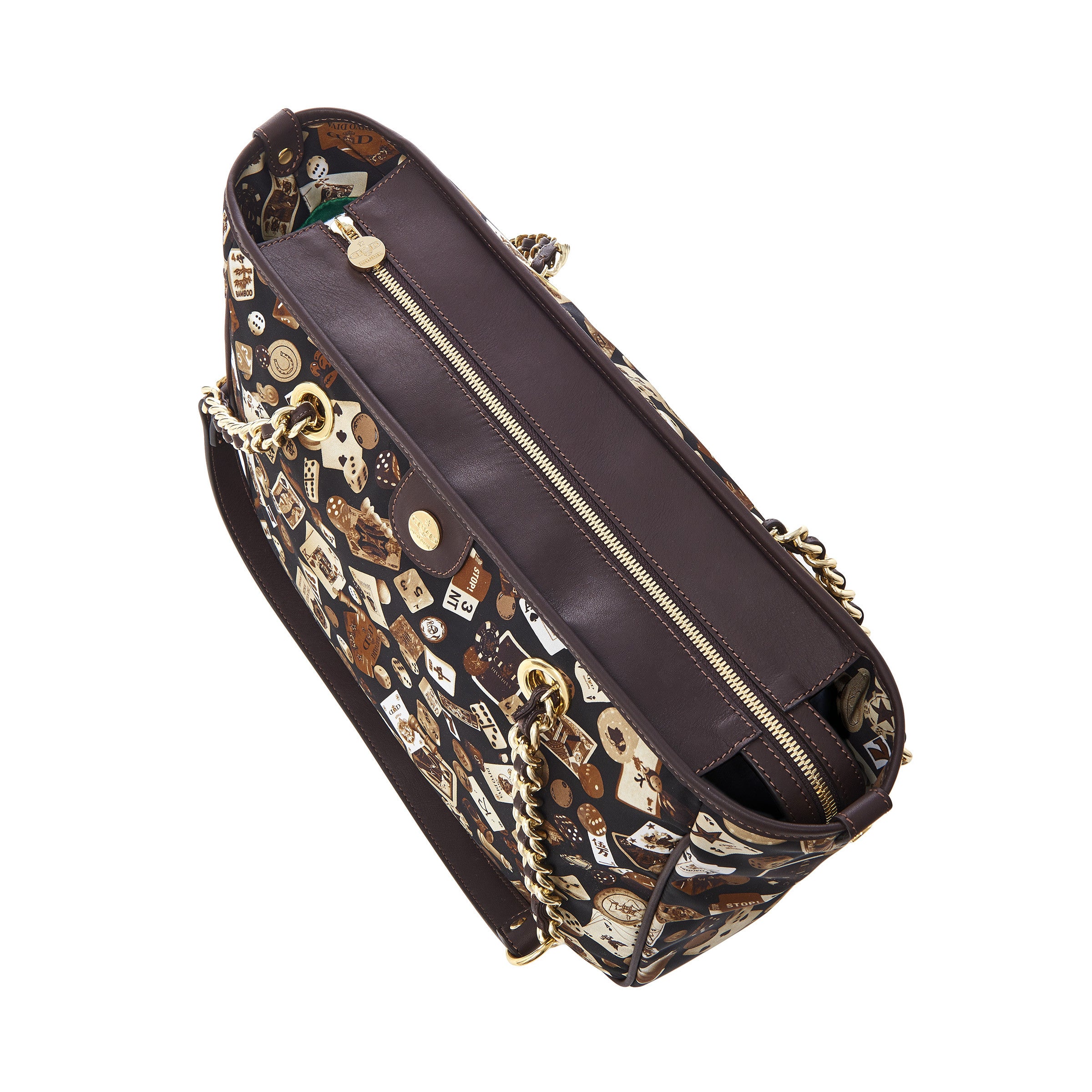 Antibes Borsa shopping piccola con zip e catene in Nylon con Disegno Gambling Classic Marrone/Cacao