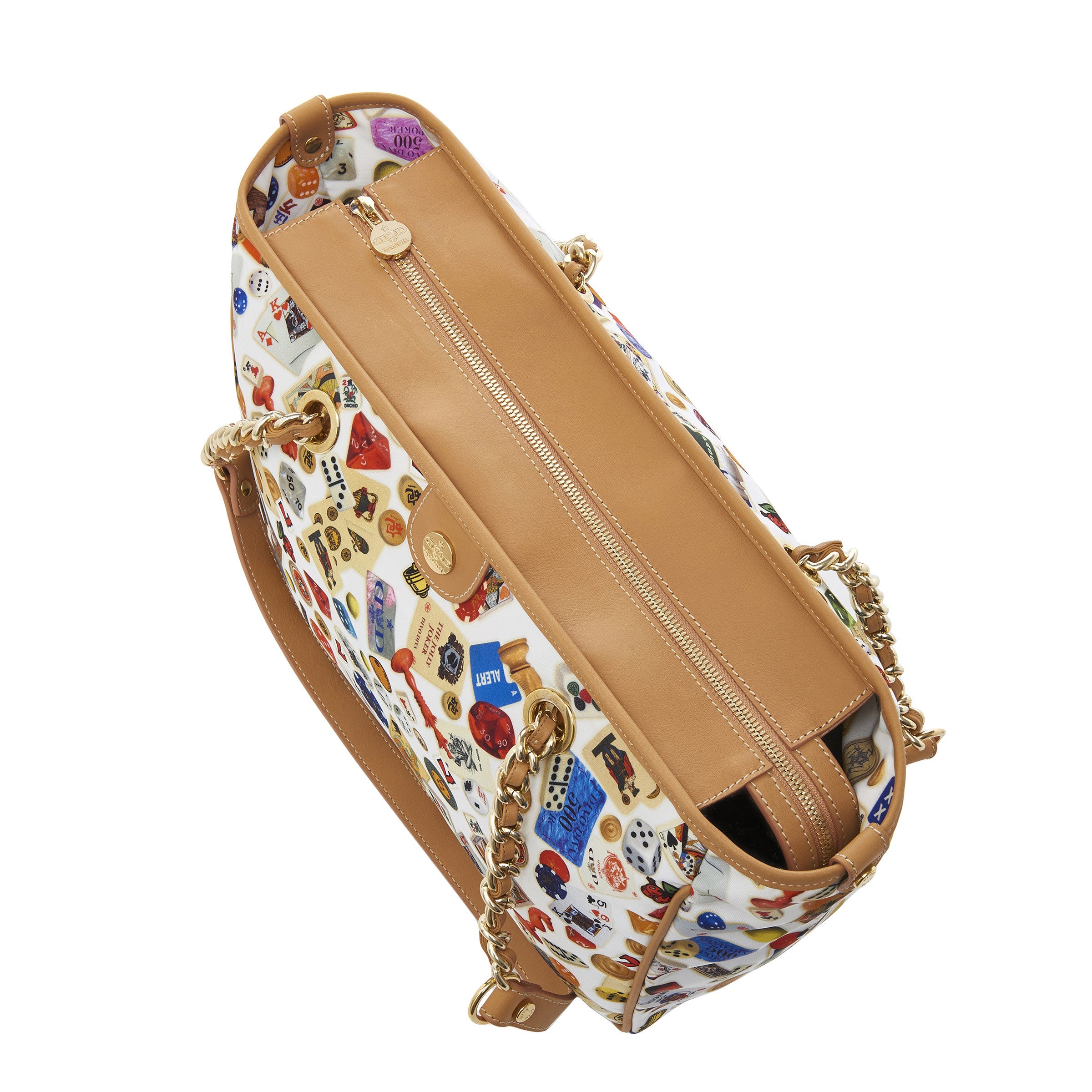 Antibes Borsa shopping piccola con zip e catene in Nylon con Disegno Gambling Multicolor Bianco/Biscotto