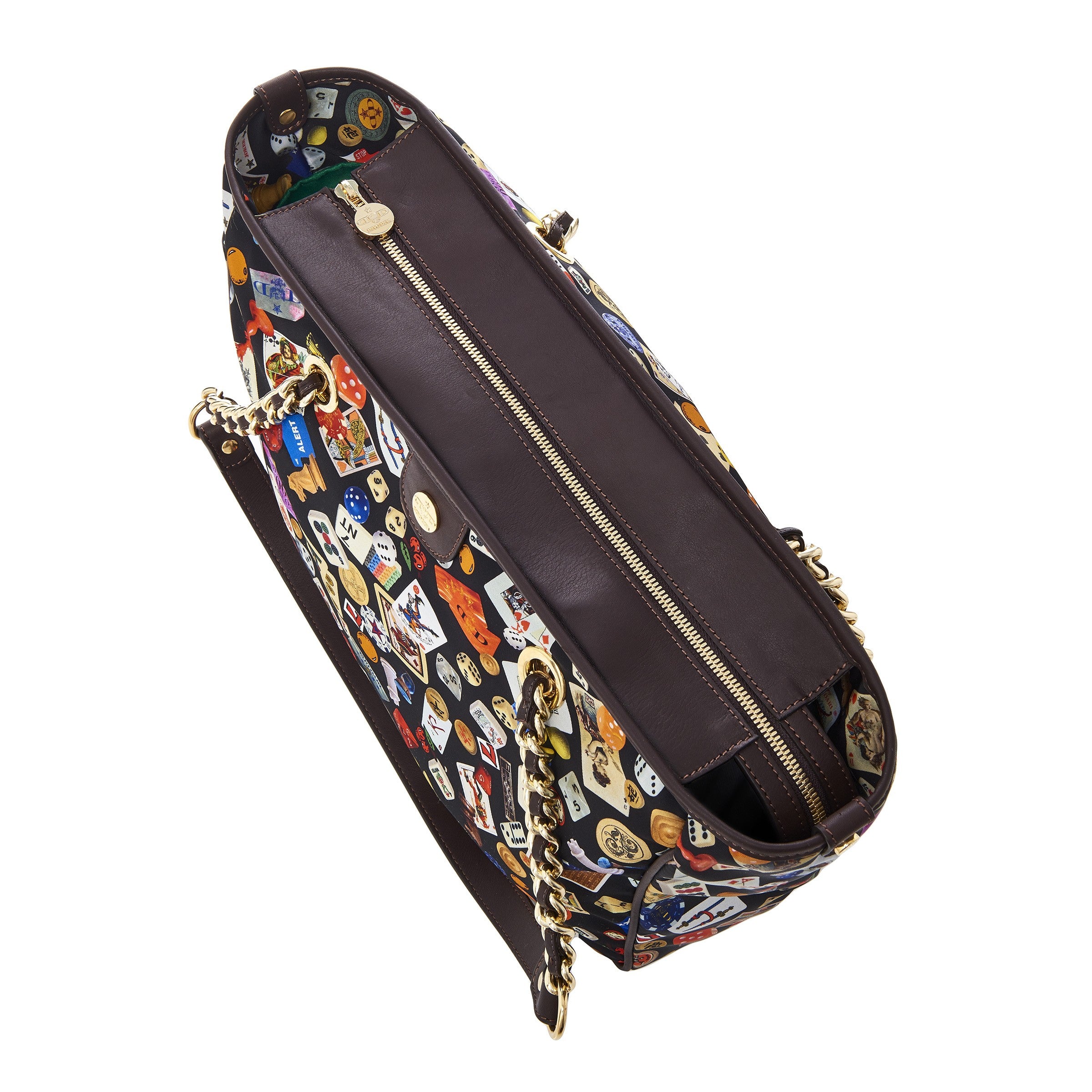 Antibes Borsa shopping piccola con zip e catene in Nylon con Disegno Gambling Multicolor Nero/Cacao