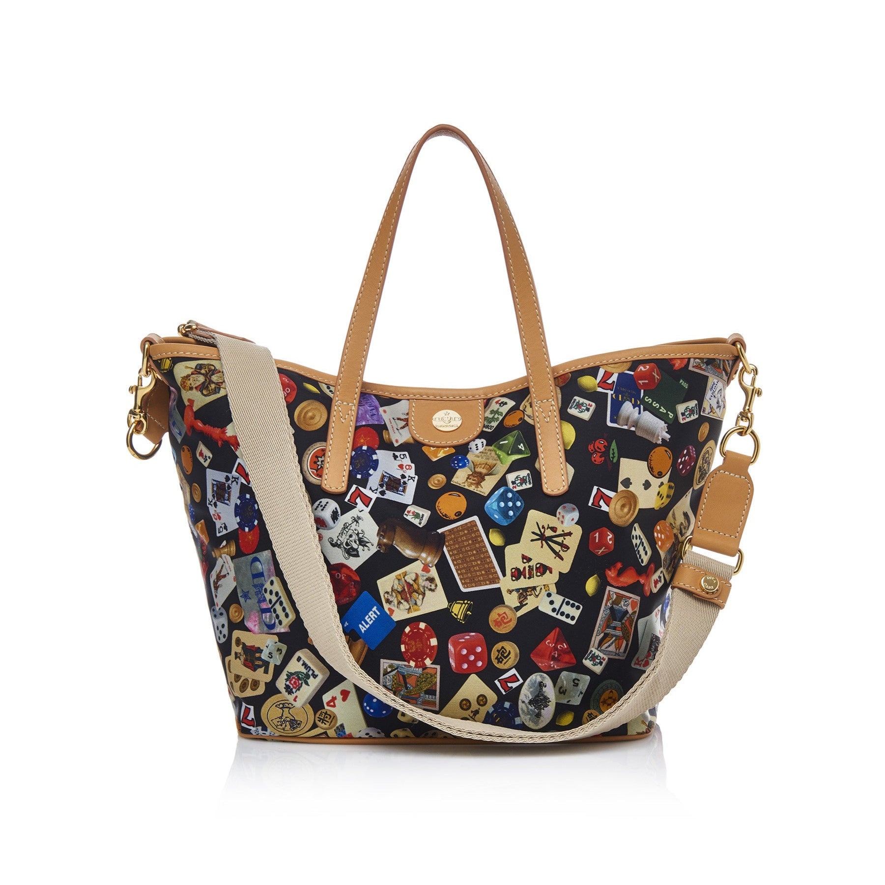 Venice small shopping bag with nylon shoulder strap with multicolor gambling design black/biscuit