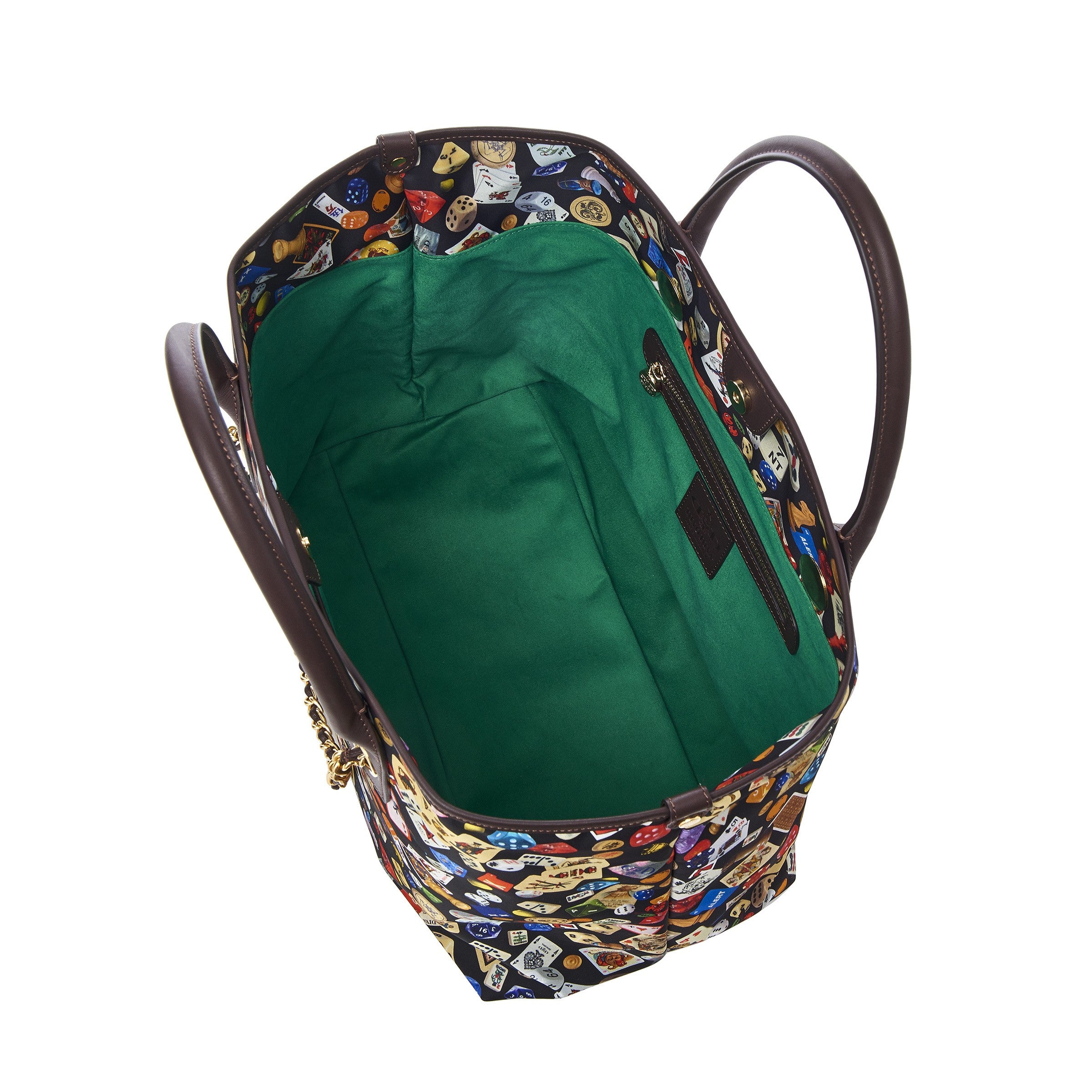 Macao Borsa large shopping bag with Nylon chains featuring Multicolor Gambling Design Black/Cocoa