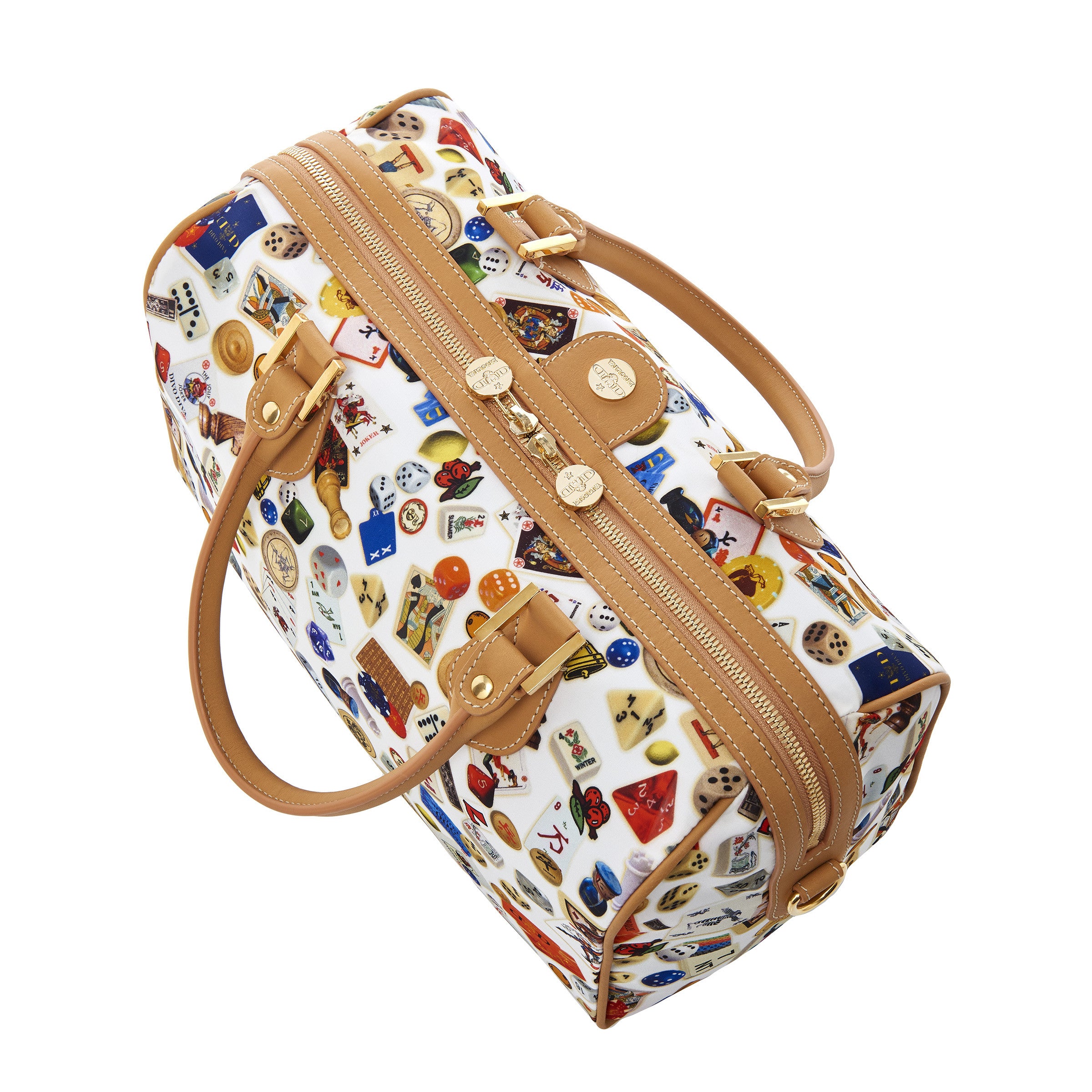 Montecarlo Hand Bag with Nylon Shoulder Strap with Multicolor Gambling Design White/Biscuit