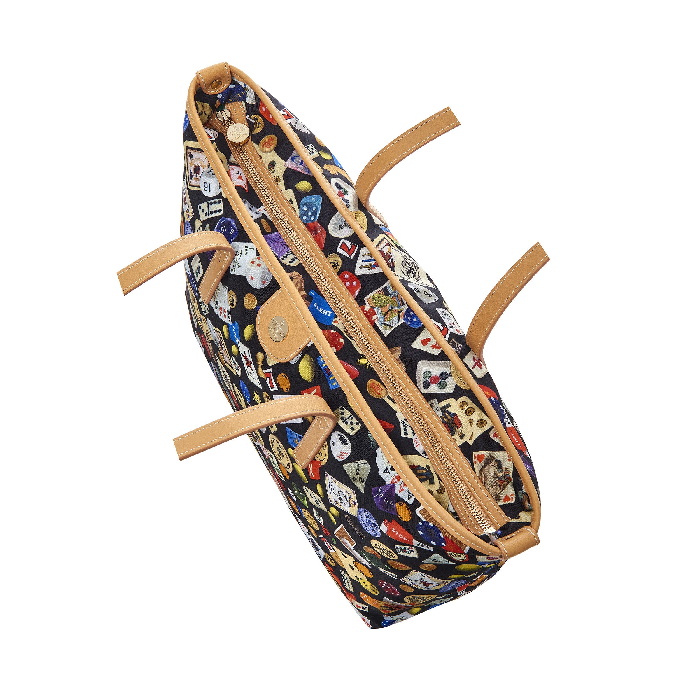 Marbella Borsa shopping media con zip in Nylon con Disegno Gambling Multicolor Nero/Biscotto