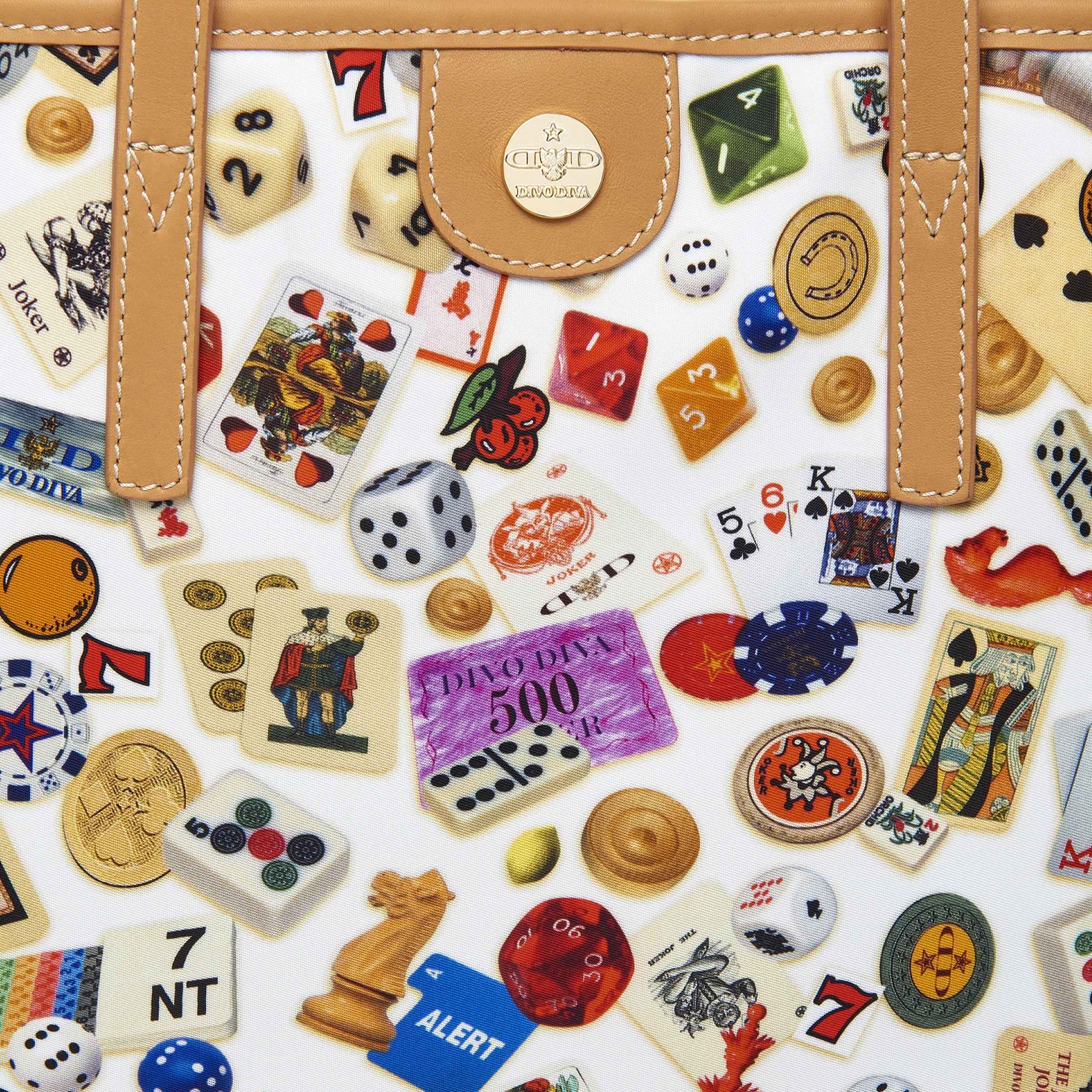 Sanremo Borsa shopping medium in Nylon with Multicolor Gambling Design White/Biscuit