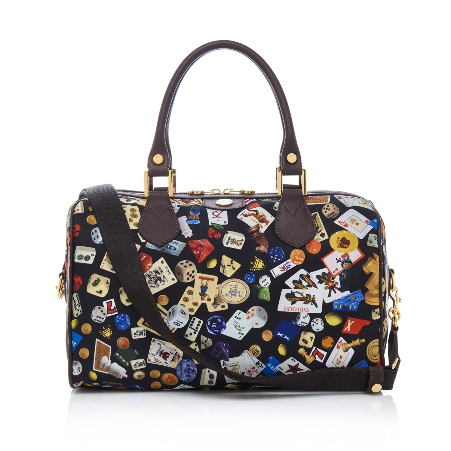 Montecarlo Hand Bag with Nylon Shoulder Strap with Multicolor Gambling Design Black/Cocoa