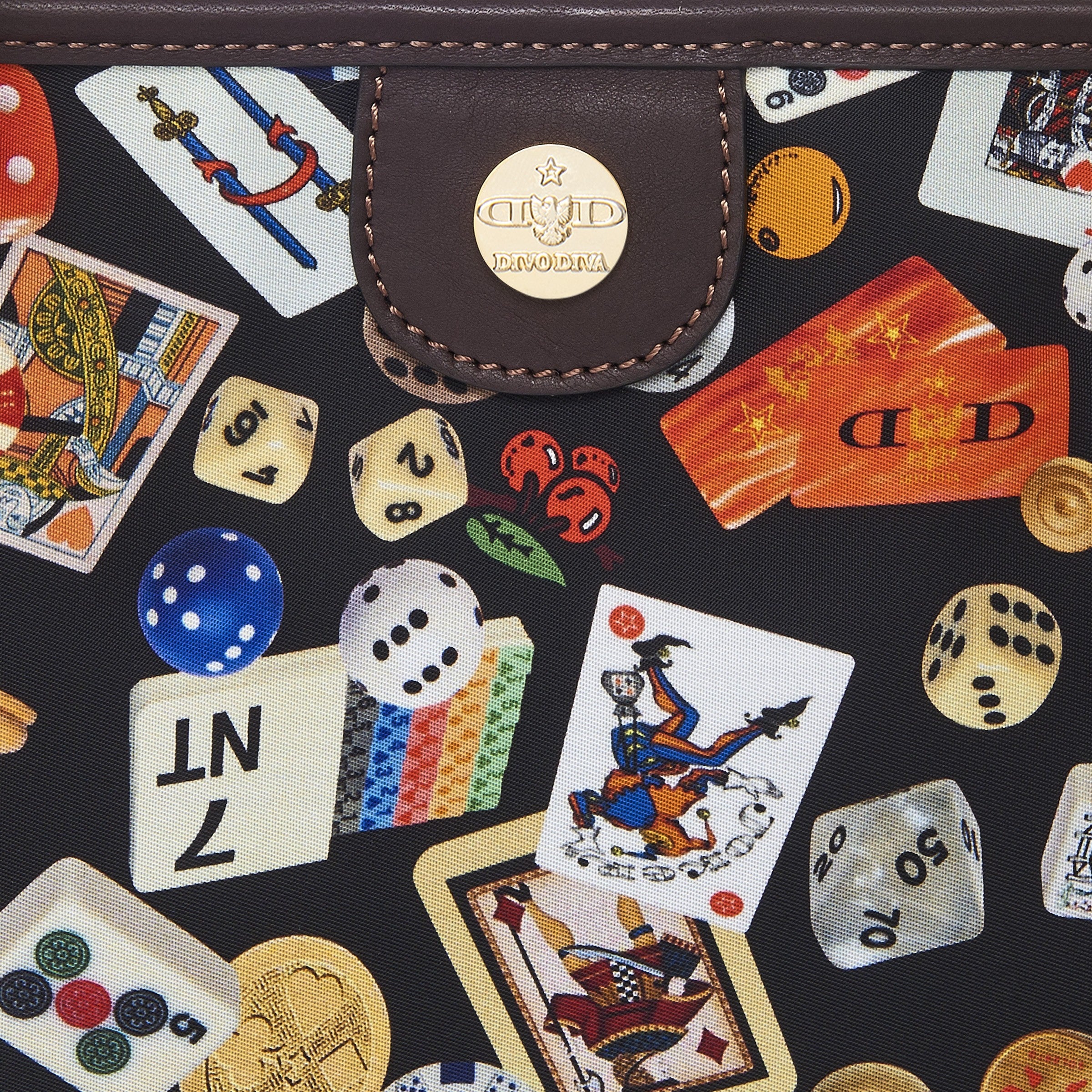 Antibes Borsa shopping piccola con zip e catene in Nylon con Disegno Gambling Multicolor Nero/Cacao