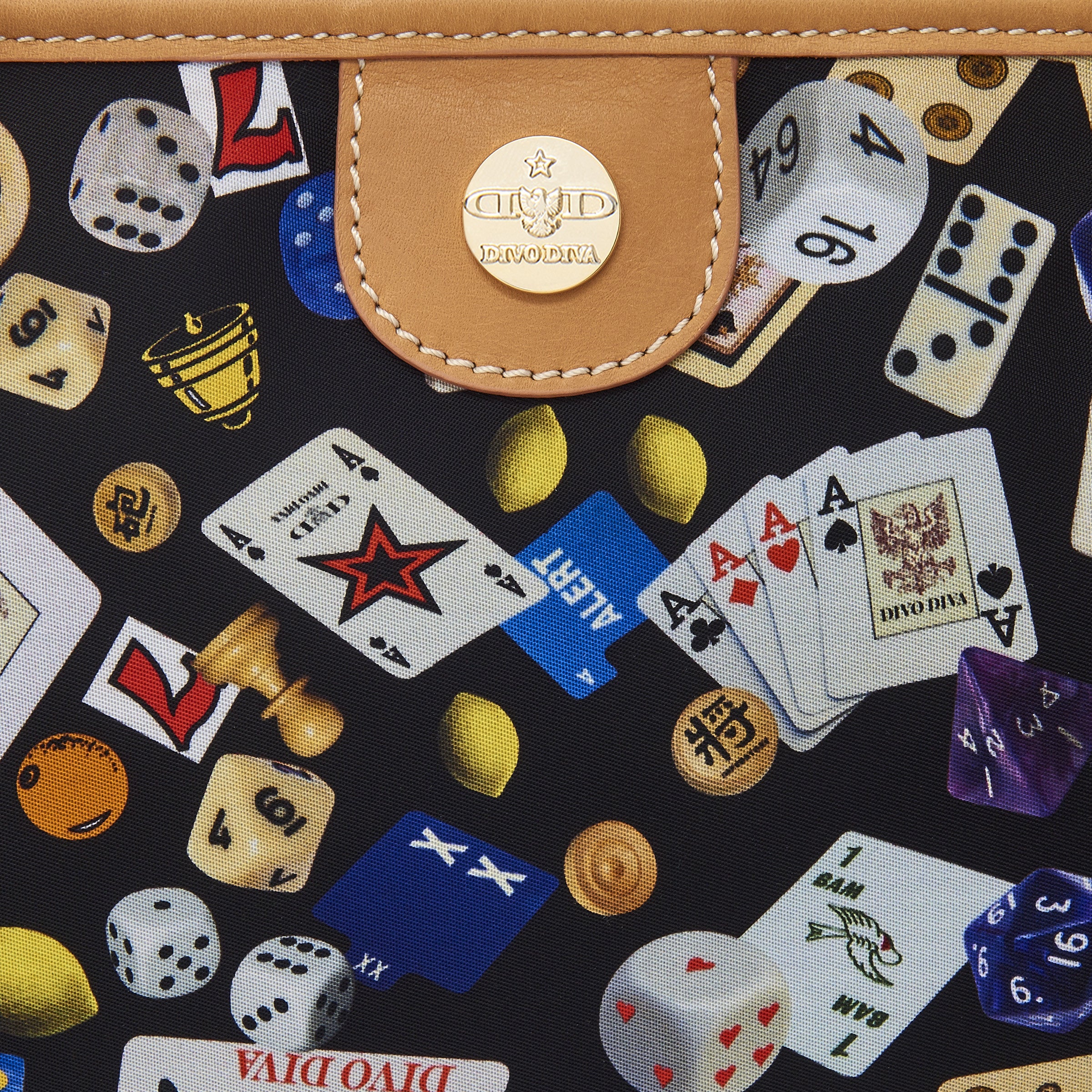 Antibes Borsa shopping piccola con zip e catene in Nylon con Disegno Gambling Multicolor Nero/Biscotto