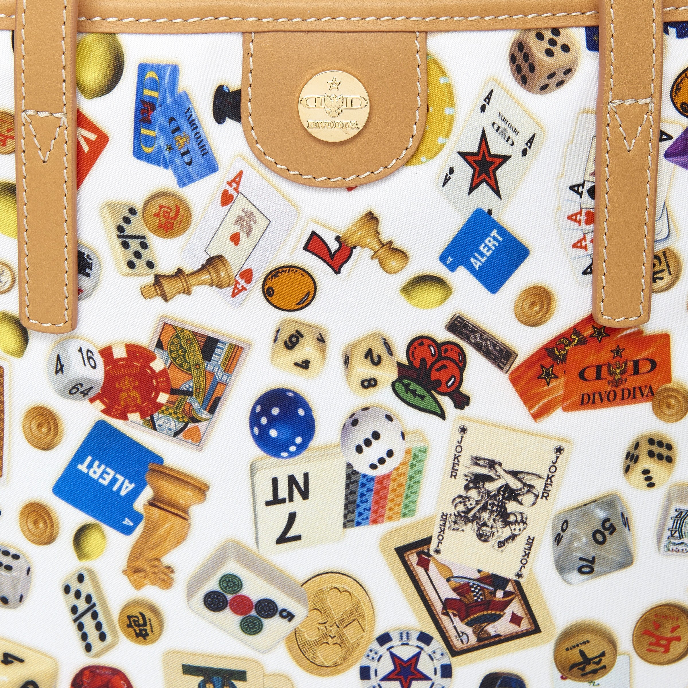 Marbella Borsa shopping media con zip in Nylon con Disegno Gambling Multicolor Bianco/Biscotto