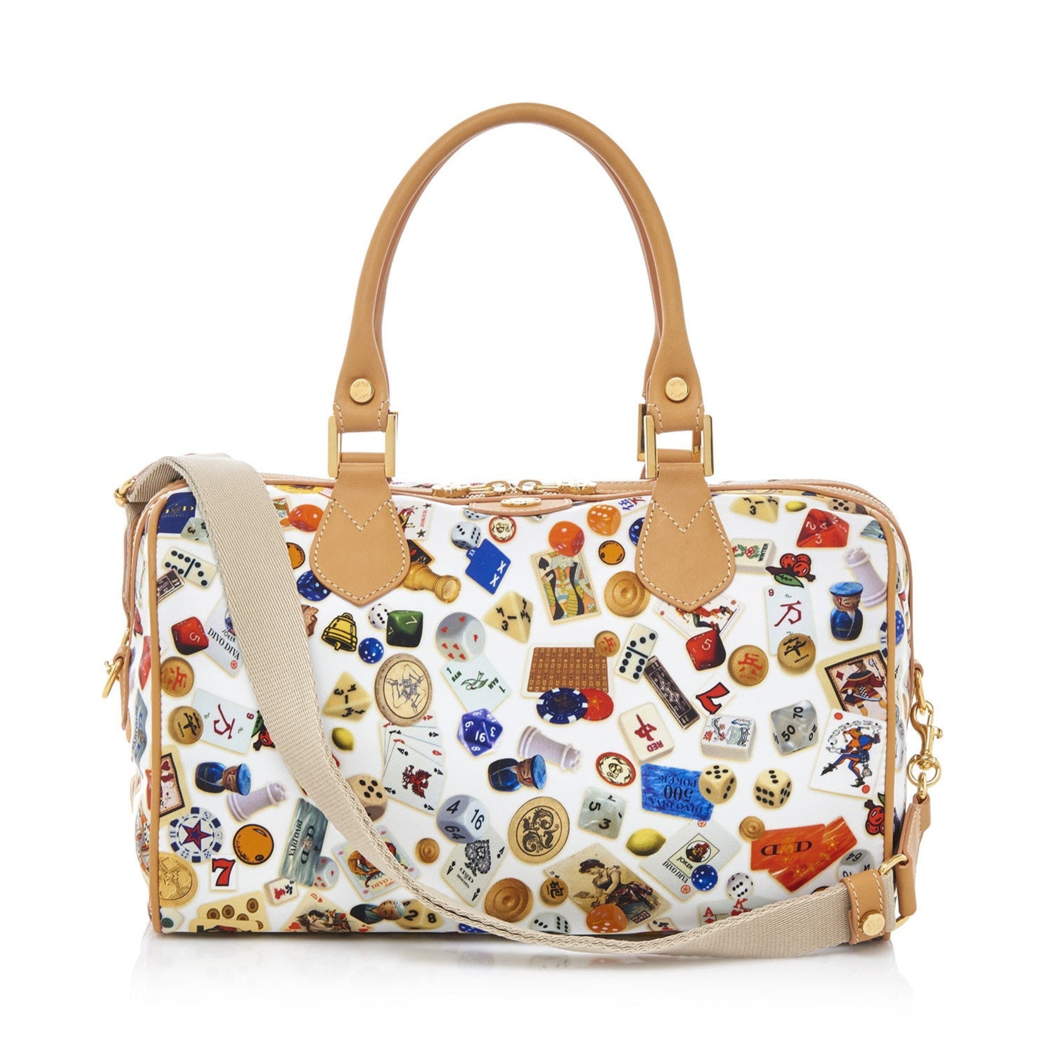 Montecarlo Hand Bag with Nylon Shoulder Strap with Multicolor Gambling Design White/Biscuit