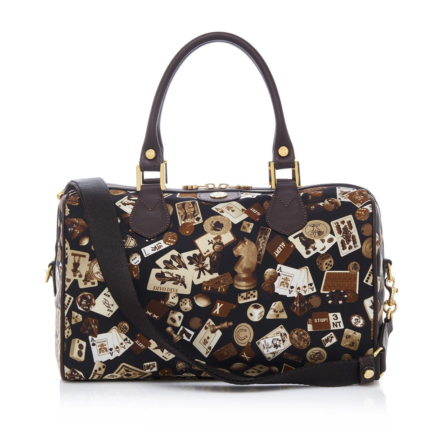Montecarlo Hand Bag with Nylon Shoulder Strap in Classic Gambling Design Brown/Cocoa