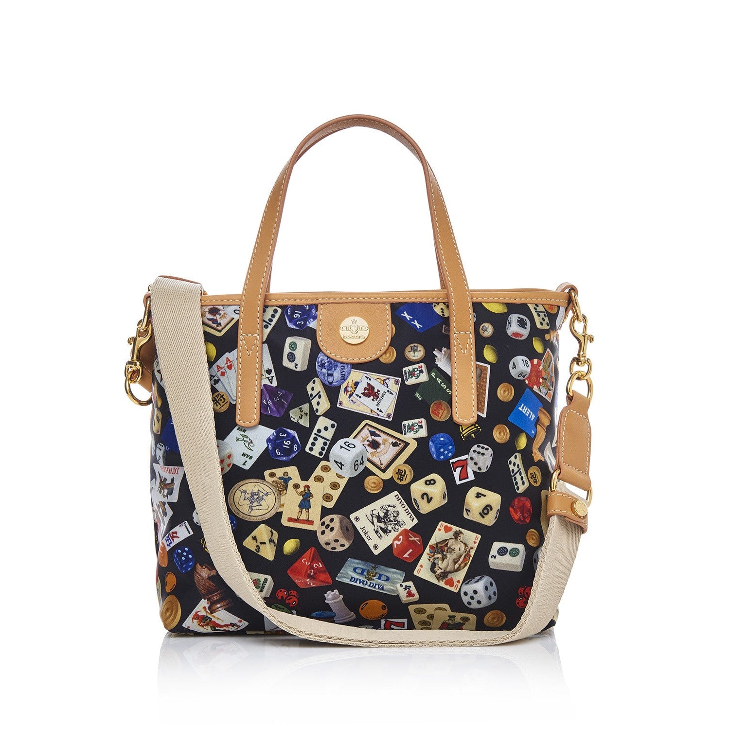 Niagara Borsa small shopping bag with nylon shoulder strap with multicolor gambling design black/biscuit