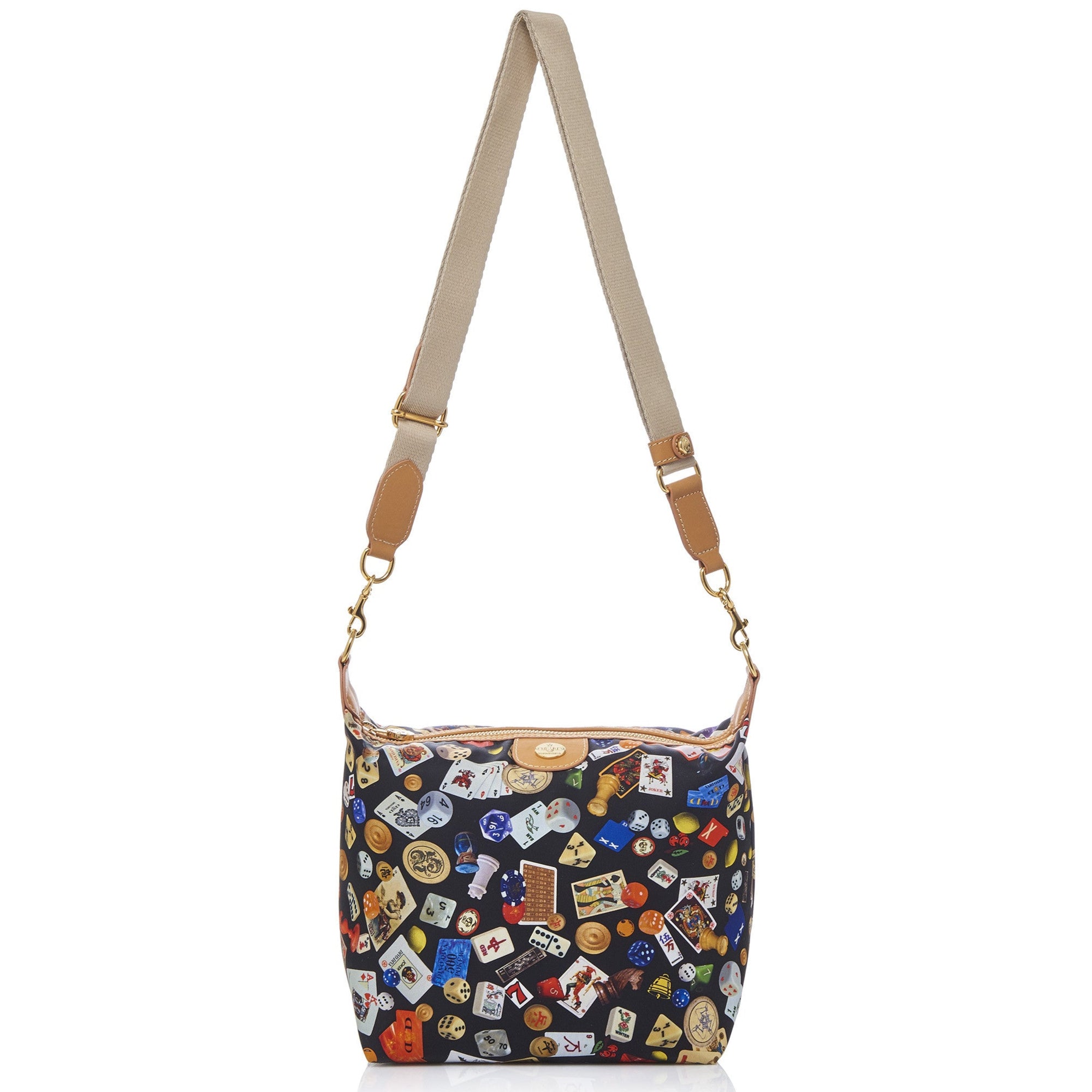Dublin Tracolla in Nylon con Disegno Gambling Multicolor Nero/Biscotto