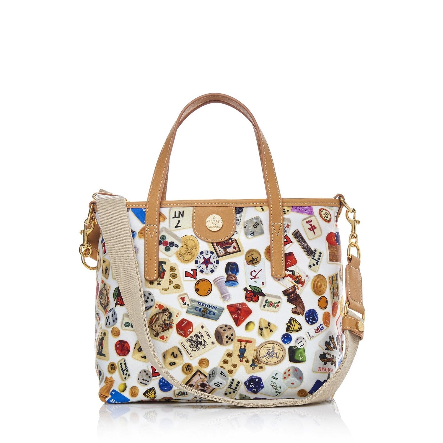 Niagara Borsa small shopping bag with nylon shoulder strap with multicolor gambling design white/biscuit