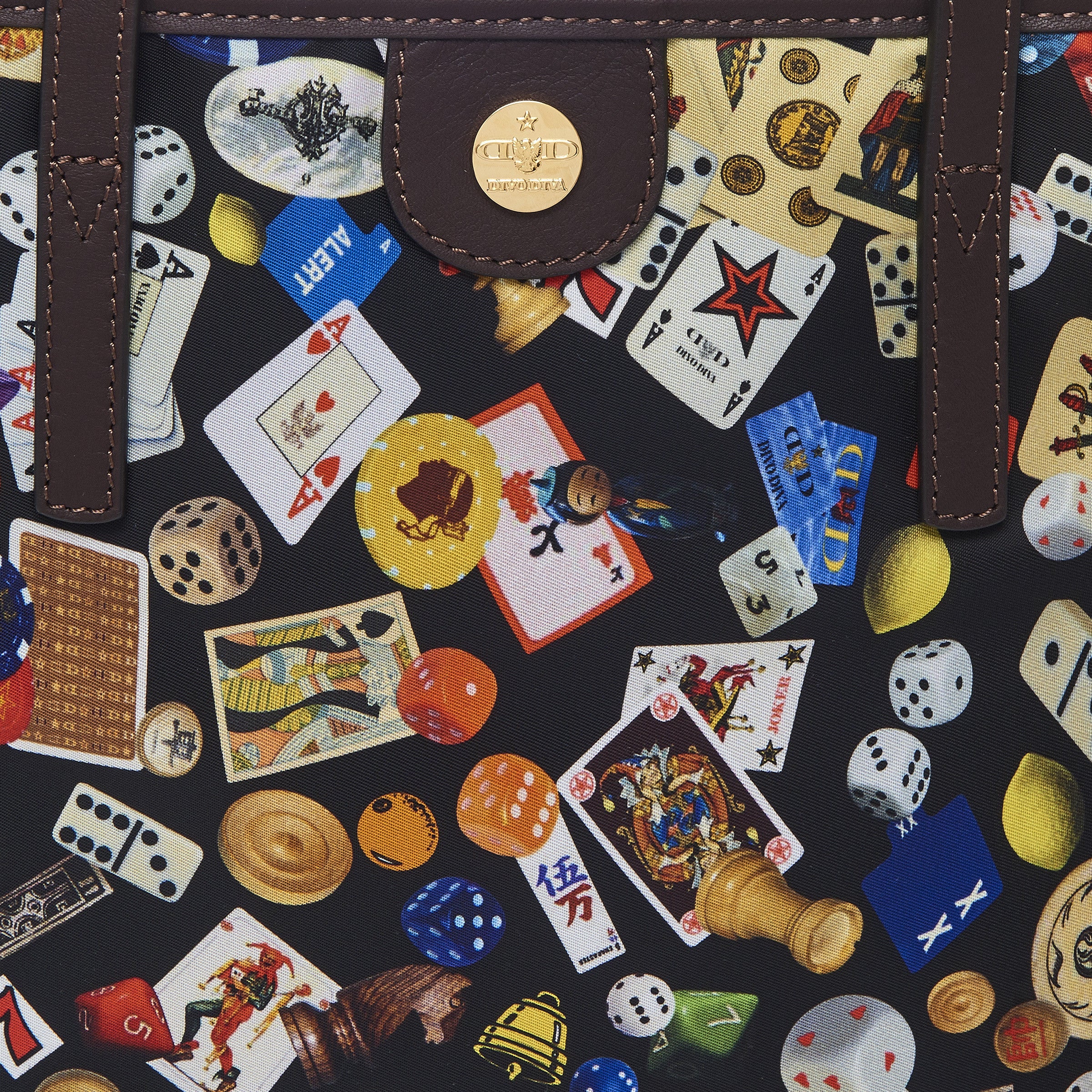 Marbella Borsa shopping media con zip in Nylon con Disegno Gambling Multicolor Nero/Cacao