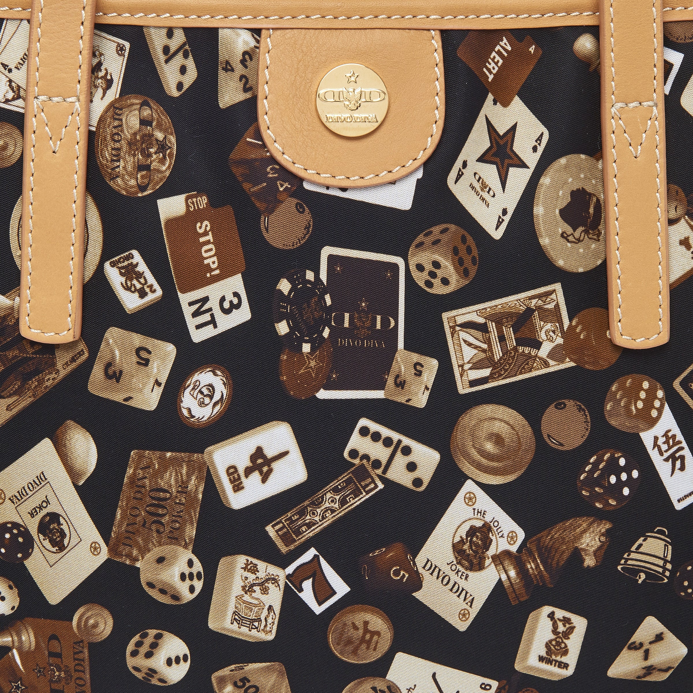 Marbella Borsa shopping media con zip in Nylon con Disegno Gambling Classic Marrone/Biscotto