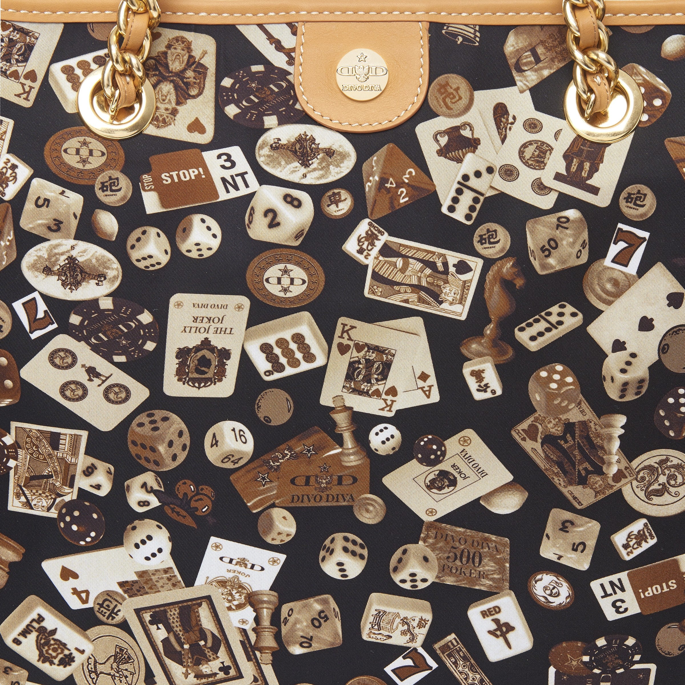 Miami Borsa shopping media con catene in Nylon con Disegno Gambling Classic Marrone/Biscotto