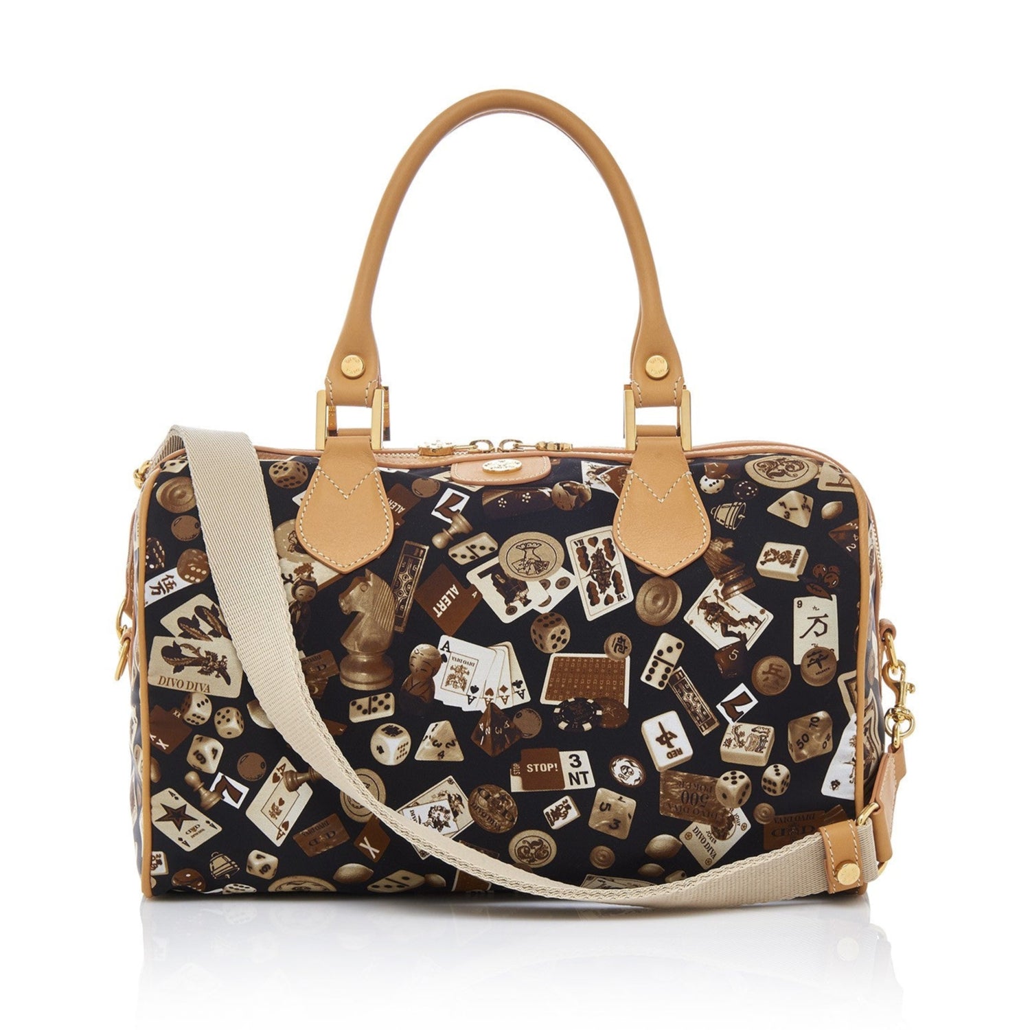 Montecarlo Hand Bag with Nylon Shoulder Strap with Classic Gambling Design Brown/Biscuit