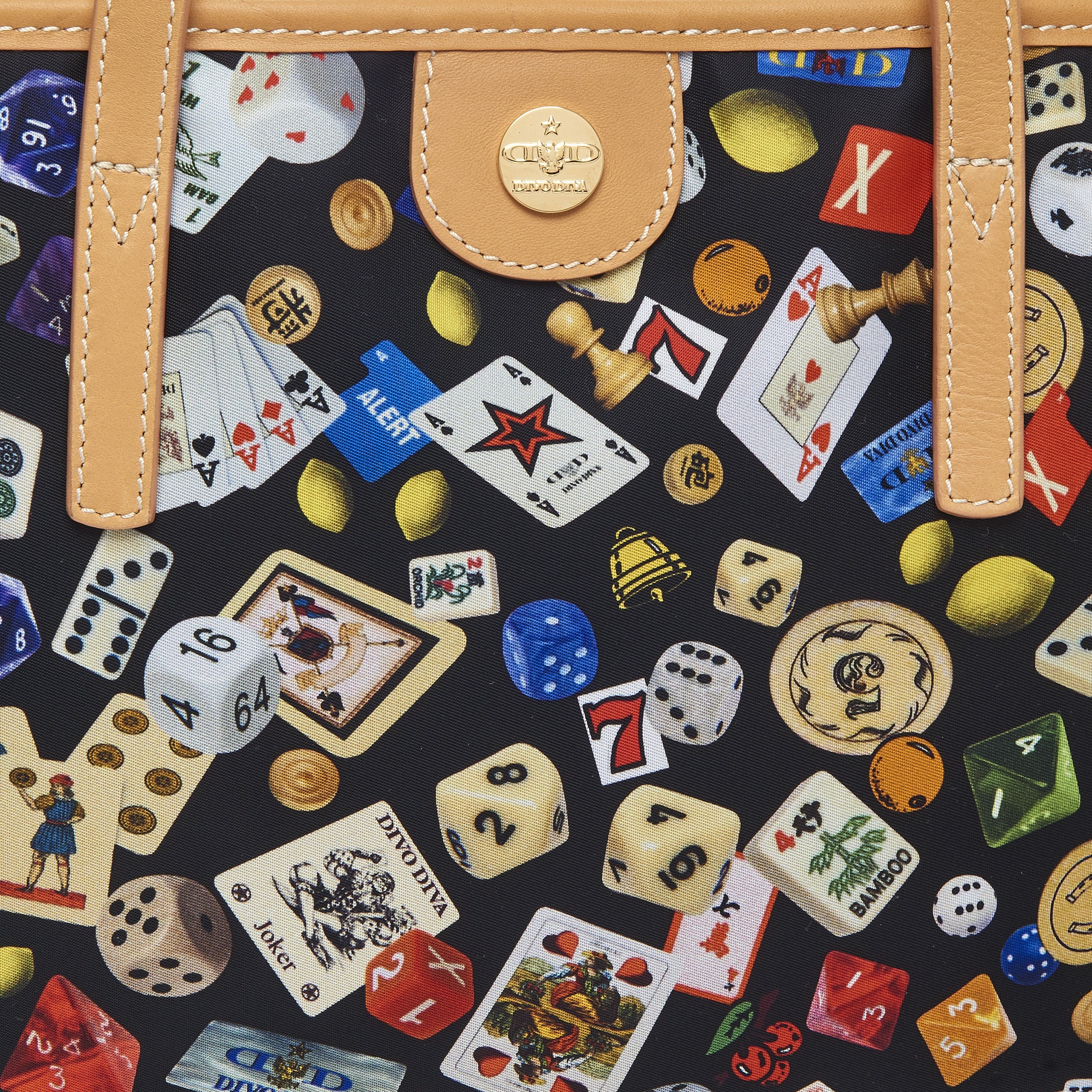 Marbella Borsa shopping media con zip in Nylon con Disegno Gambling Multicolor Nero/Biscotto