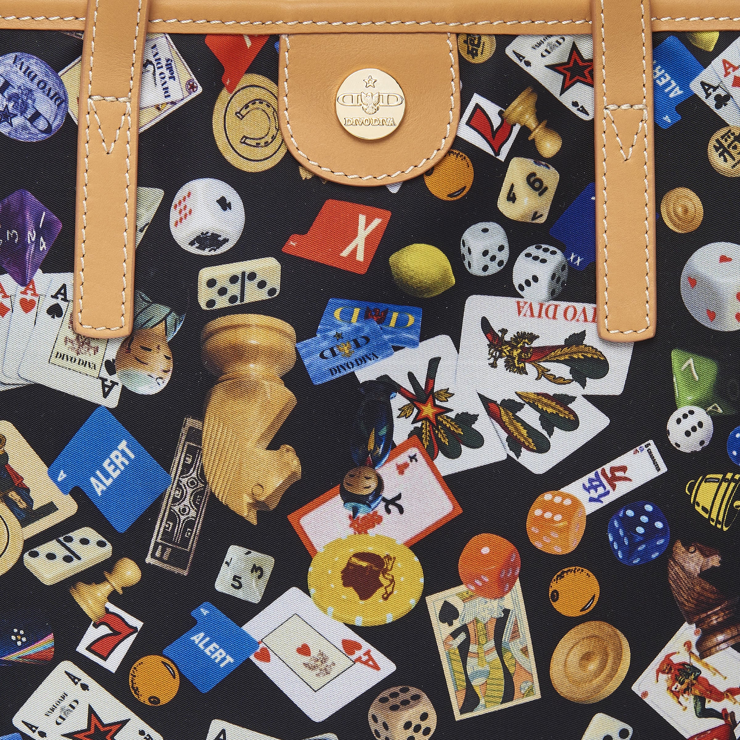 Sanremo Borsa shopping media in Nylon con Disegno Gambling Multicolor Nero/Biscotto