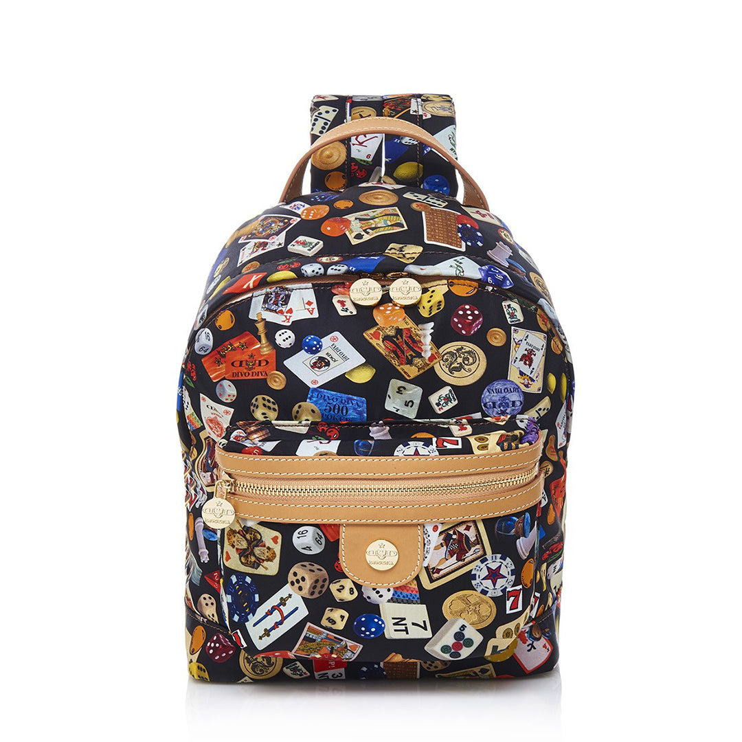Melbourne Small Nylon Backpack with Multicolor Gambling Design Black/Cookie